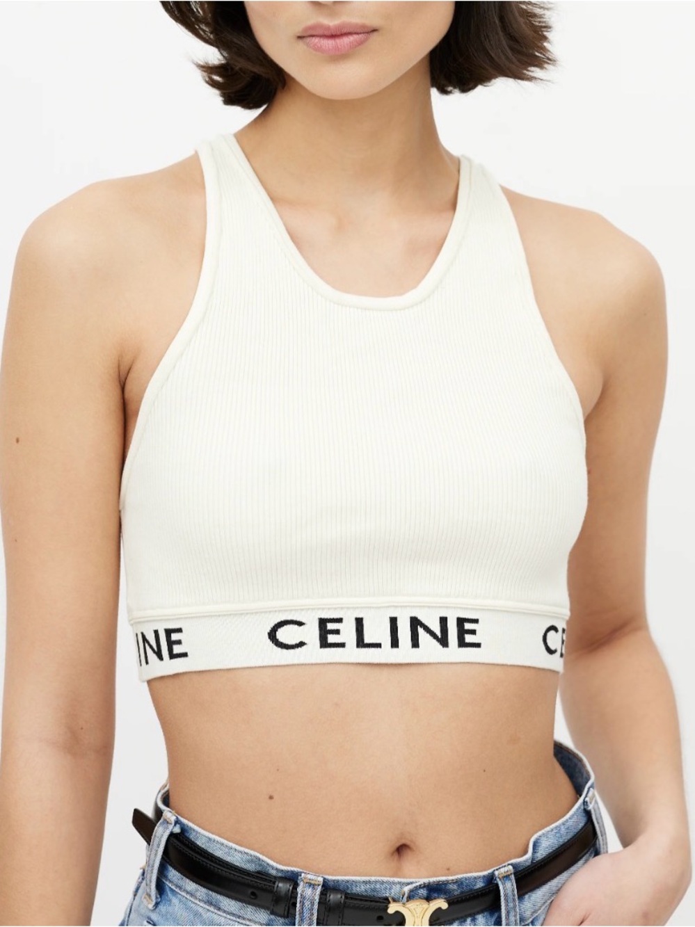 CELINE Cream Ribbed Racerback Logo Band Crop Top